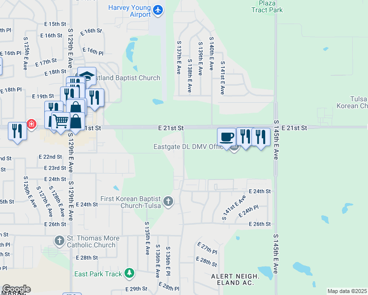 map of restaurants, bars, coffee shops, grocery stores, and more near 2101-2331 South 137th East Avenue in Tulsa