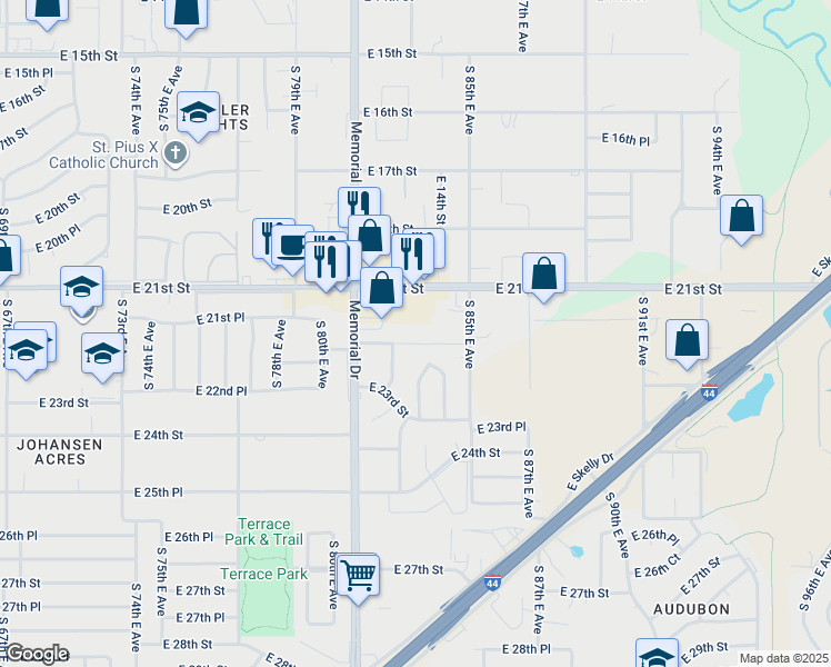 map of restaurants, bars, coffee shops, grocery stores, and more near 8205 East 22nd Street in Tulsa