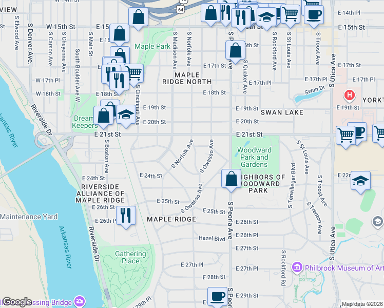 map of restaurants, bars, coffee shops, grocery stores, and more near 2144 South Norfolk Terrace in Tulsa