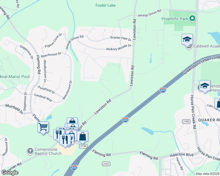 map of restaurants, bars, coffee shops, grocery stores, and more near 3557 Lewiston Road in Greensboro