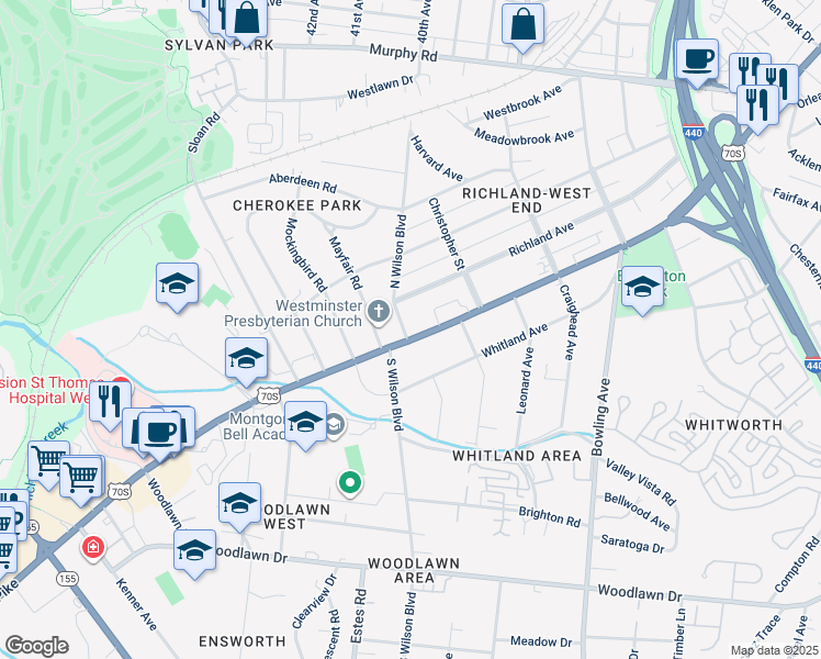 map of restaurants, bars, coffee shops, grocery stores, and more near 3828 West End Avenue in Nashville