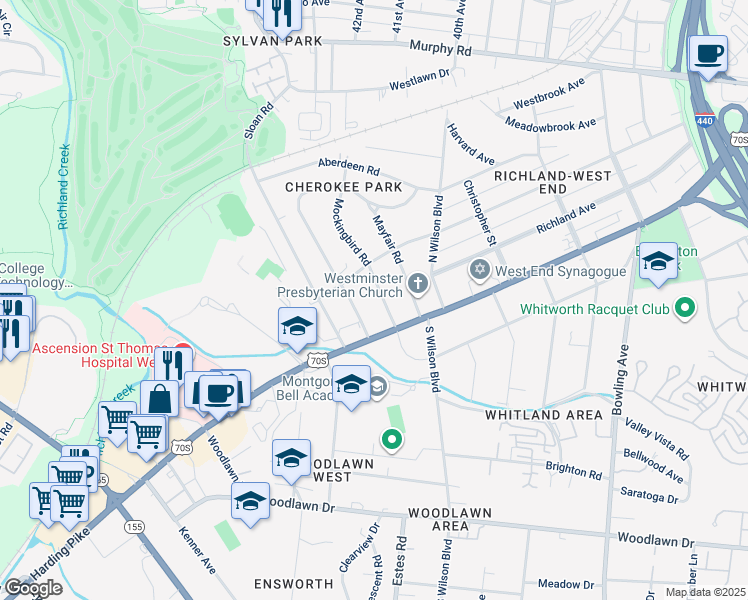 map of restaurants, bars, coffee shops, grocery stores, and more near 107 Mockingbird Rd in Nashville
