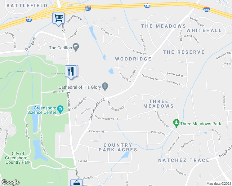 map of restaurants, bars, coffee shops, grocery stores, and more near 4511 Lake Jeanette Road in Greensboro