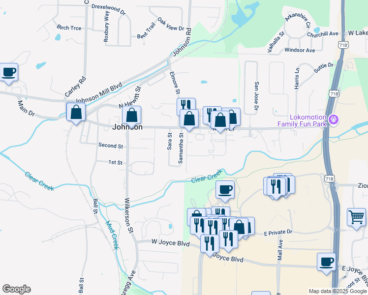 map of restaurants, bars, coffee shops, grocery stores, and more near 5805 Samantha Street in Fayetteville