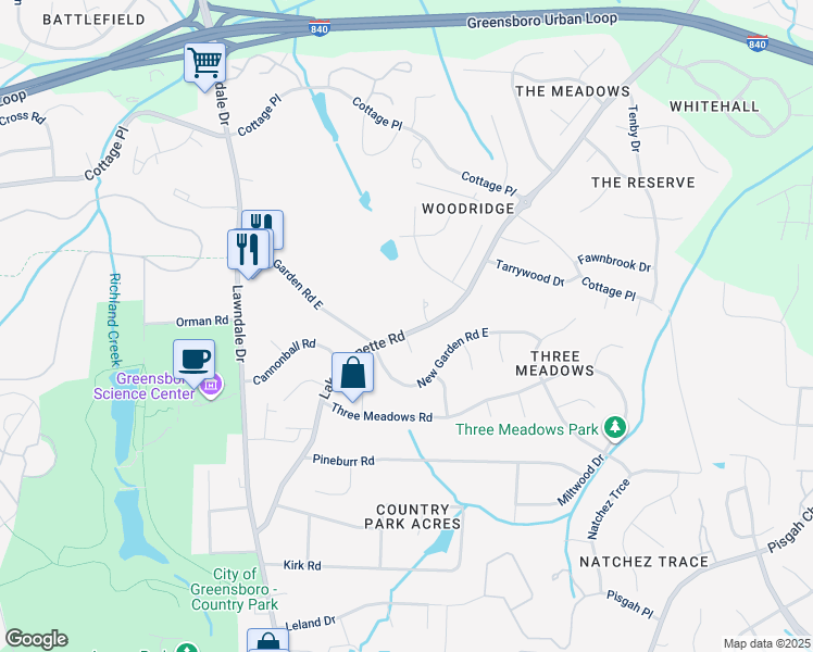 map of restaurants, bars, coffee shops, grocery stores, and more near 4511 Lake Jeanette Road in Greensboro