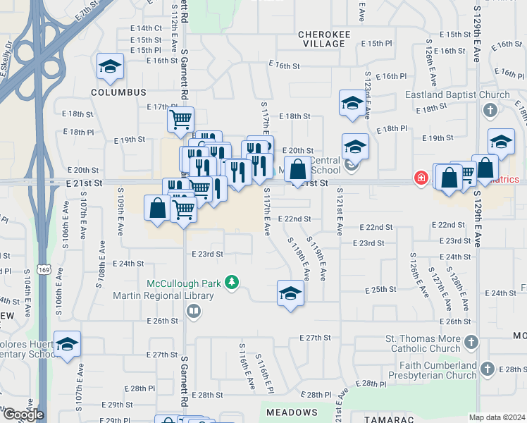 map of restaurants, bars, coffee shops, grocery stores, and more near 2142 South 117th East Avenue in Tulsa