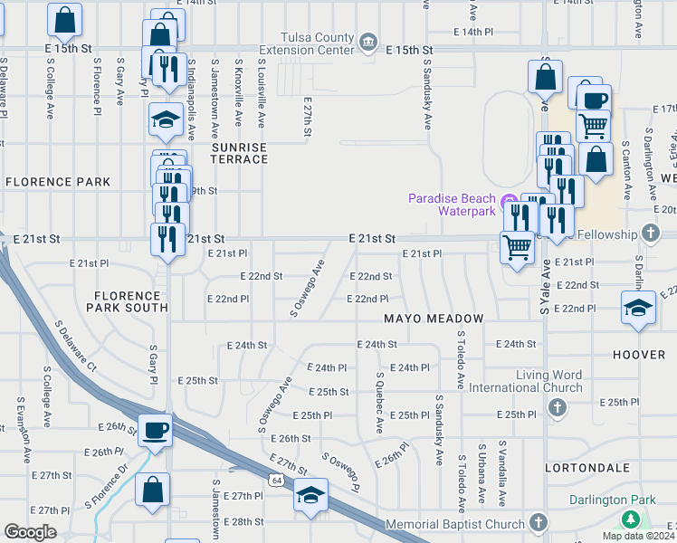 map of restaurants, bars, coffee shops, grocery stores, and more near 2140 South Oswego Place in Tulsa