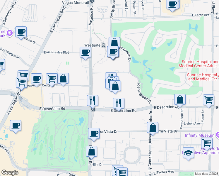 map of restaurants, bars, coffee shops, grocery stores, and more near 3150 Paradise Road in Las Vegas