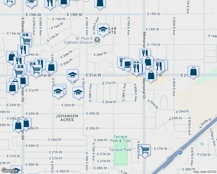 map of restaurants, bars, coffee shops, grocery stores, and more near 2138 South 76th East Place in Tulsa