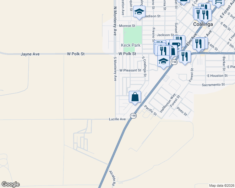 map of restaurants, bars, coffee shops, grocery stores, and more near 675 South Monterey Avenue in Coalinga
