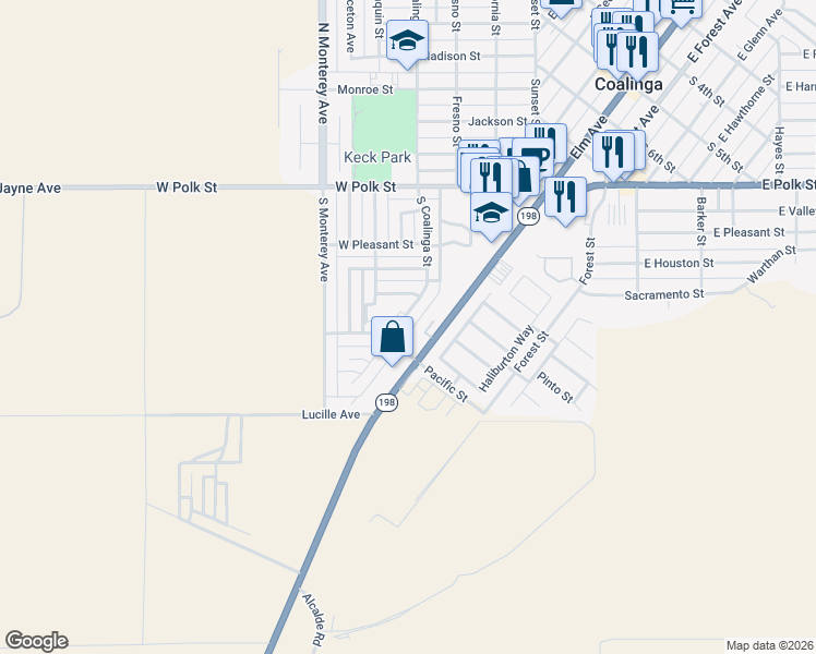 map of restaurants, bars, coffee shops, grocery stores, and more near 625 South Coalinga Street in Coalinga