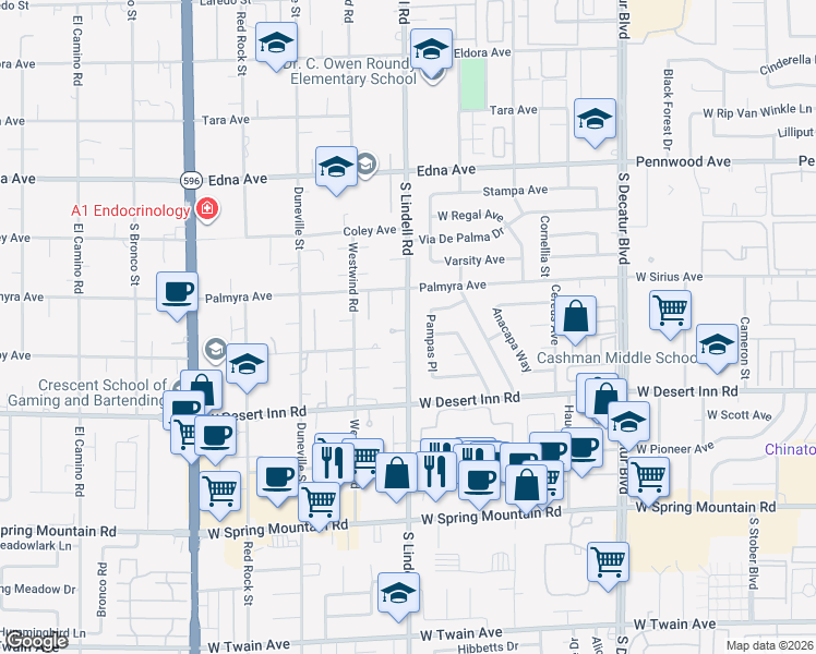 map of restaurants, bars, coffee shops, grocery stores, and more near 3156 South Lindell Road in Las Vegas