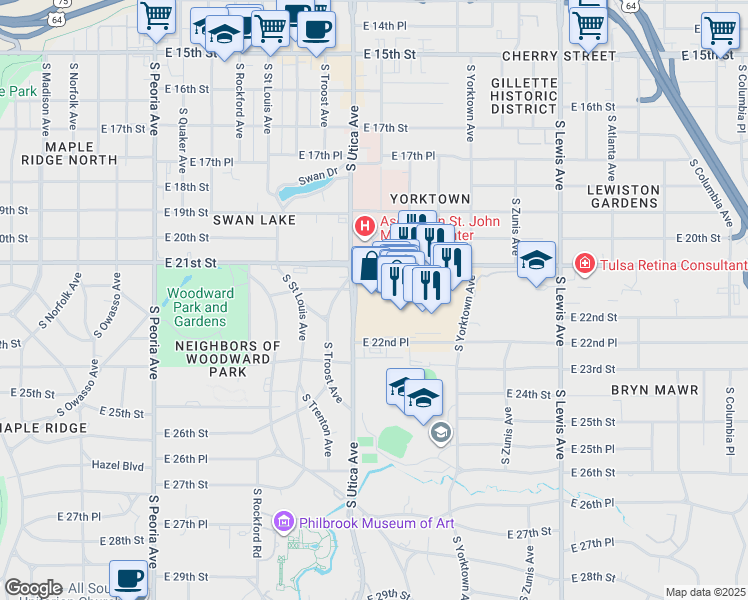 map of restaurants, bars, coffee shops, grocery stores, and more near 1838 Utica Square in Tulsa