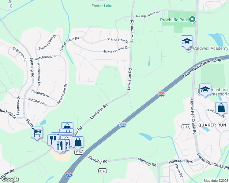 map of restaurants, bars, coffee shops, grocery stores, and more near 3601 Lewiston Road in Greensboro