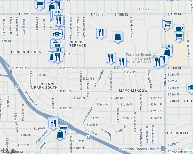 map of restaurants, bars, coffee shops, grocery stores, and more near 3833 East 22nd Street in Tulsa
