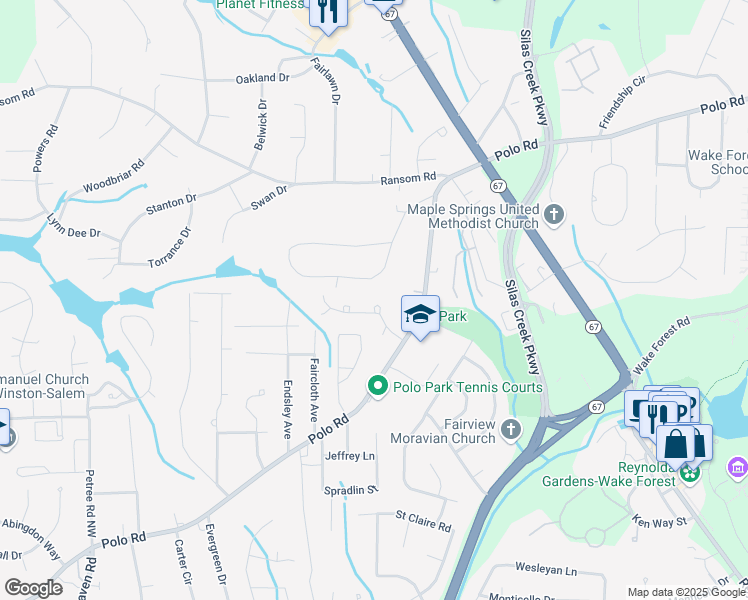 map of restaurants, bars, coffee shops, grocery stores, and more near 1820 Oakcrest Court in Winston-Salem
