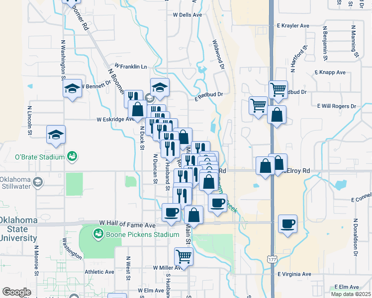 map of restaurants, bars, coffee shops, grocery stores, and more near 920 North Main Street in Stillwater