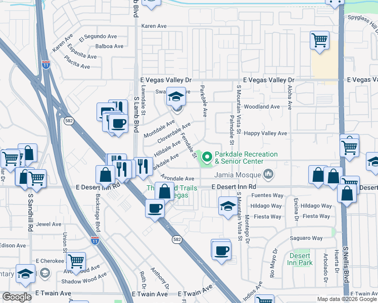 map of restaurants, bars, coffee shops, grocery stores, and more near 4385 Parkdale Avenue in Las Vegas