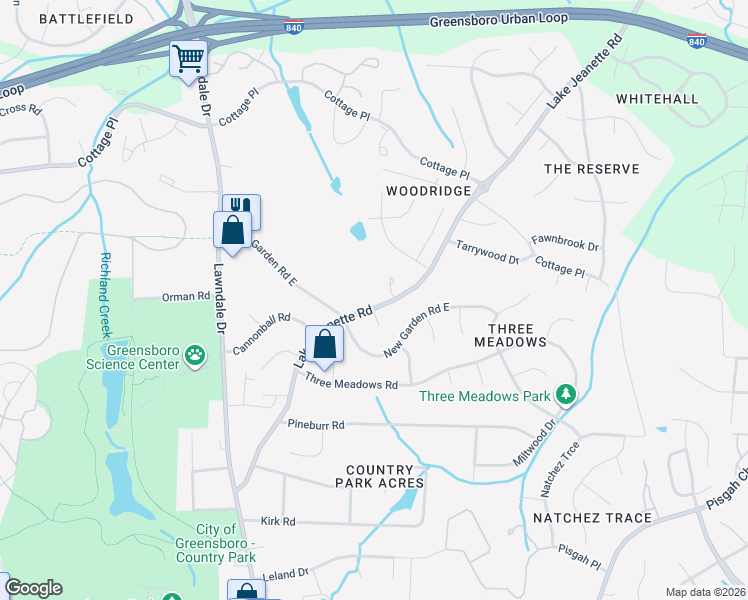 map of restaurants, bars, coffee shops, grocery stores, and more near 4511 Lake Jeanette Road in Greensboro