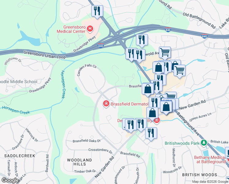 map of restaurants, bars, coffee shops, grocery stores, and more near 3203 Brassfield Road in Greensboro