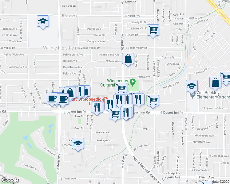 map of restaurants, bars, coffee shops, grocery stores, and more near 2901 Schaffer Circle in Las Vegas