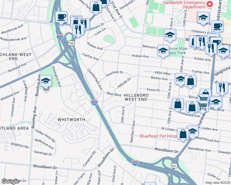 map of restaurants, bars, coffee shops, grocery stores, and more near 2814 Blair Boulevard in Nashville