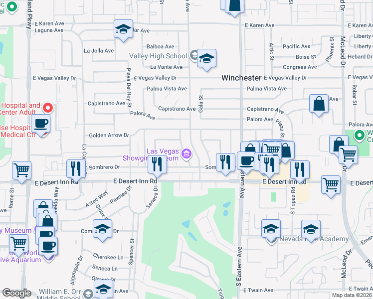 map of restaurants, bars, coffee shops, grocery stores, and more near 3176 Gaucho Drive in Las Vegas