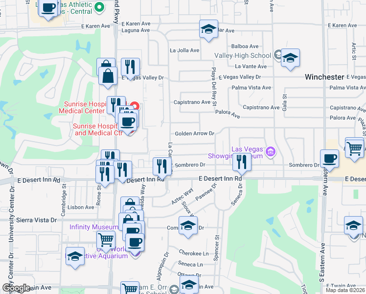 map of restaurants, bars, coffee shops, grocery stores, and more near 1571 Raindance Way in Las Vegas