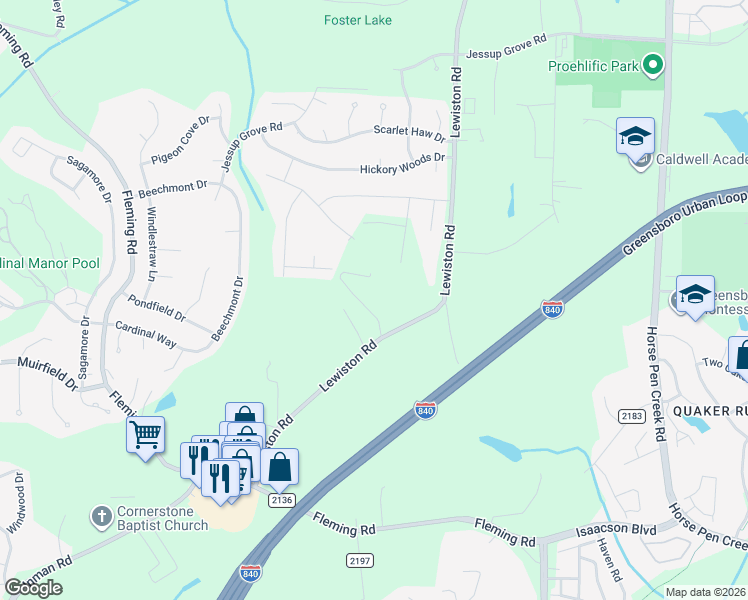 map of restaurants, bars, coffee shops, grocery stores, and more near 3557 Lewiston Road in Greensboro