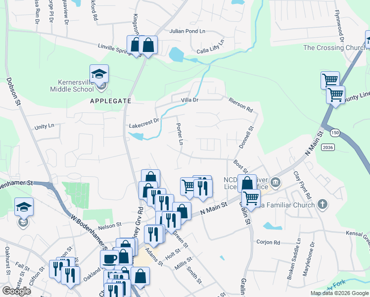map of restaurants, bars, coffee shops, grocery stores, and more near 610 Porter Lane in Kernersville