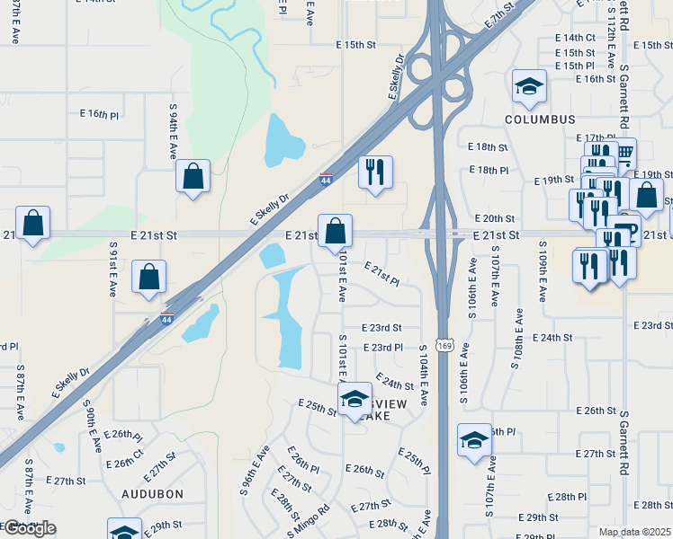 map of restaurants, bars, coffee shops, grocery stores, and more near 9919 East 21st Place in Tulsa