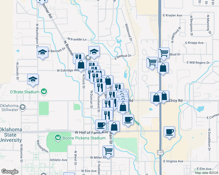 map of restaurants, bars, coffee shops, grocery stores, and more near 920 North Main Street in Stillwater