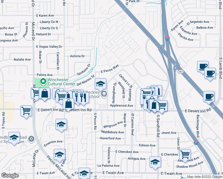 map of restaurants, bars, coffee shops, grocery stores, and more near 3169 Nottingham Drive in Las Vegas