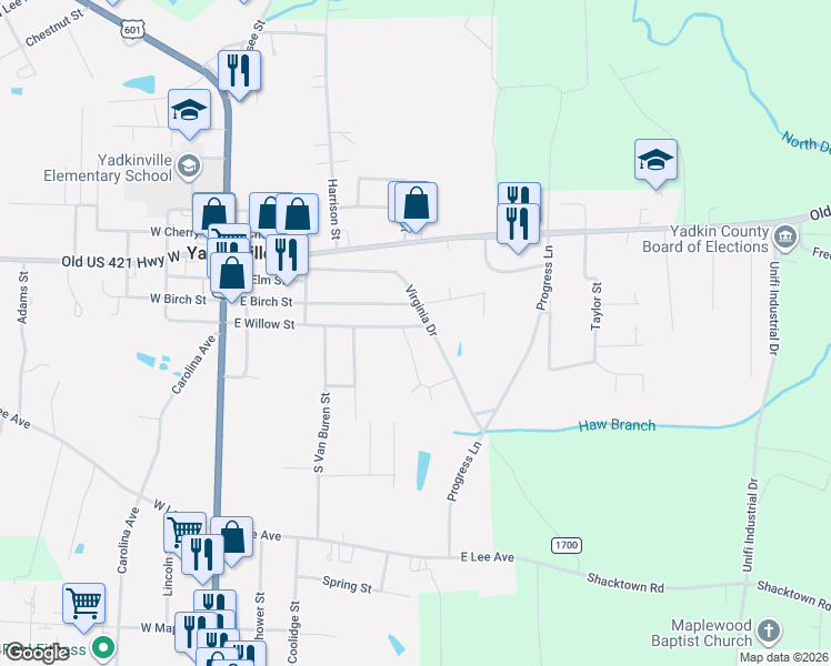 map of restaurants, bars, coffee shops, grocery stores, and more near 349 East Willow Street in Yadkinville