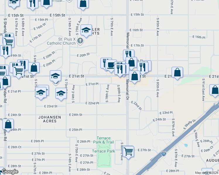 map of restaurants, bars, coffee shops, grocery stores, and more near 2139 South 78th East Avenue in Tulsa