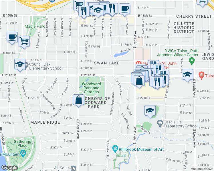 map of restaurants, bars, coffee shops, grocery stores, and more near 2221 South Rockford Avenue in Tulsa