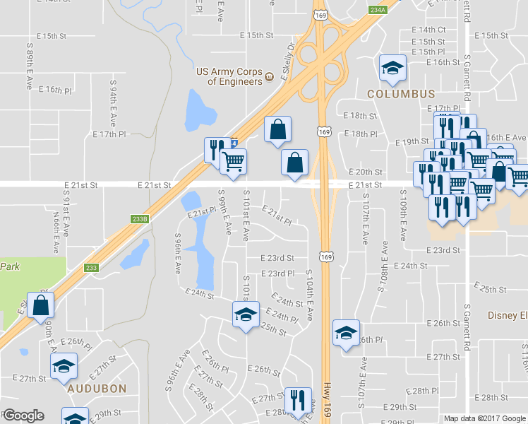 map of restaurants, bars, coffee shops, grocery stores, and more near 10126 East 21st Place in Tulsa
