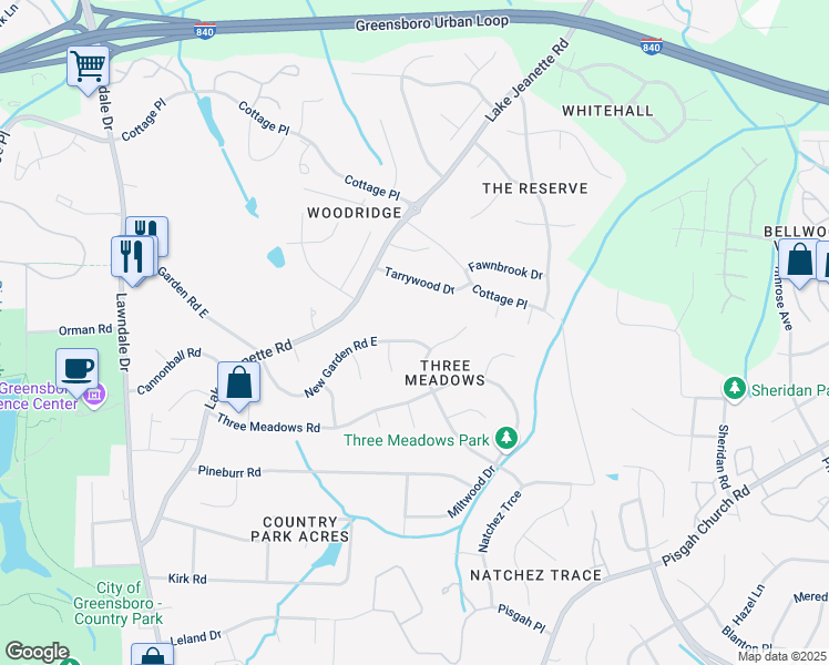 map of restaurants, bars, coffee shops, grocery stores, and more near 2909 New Garden Rd E in Greensboro