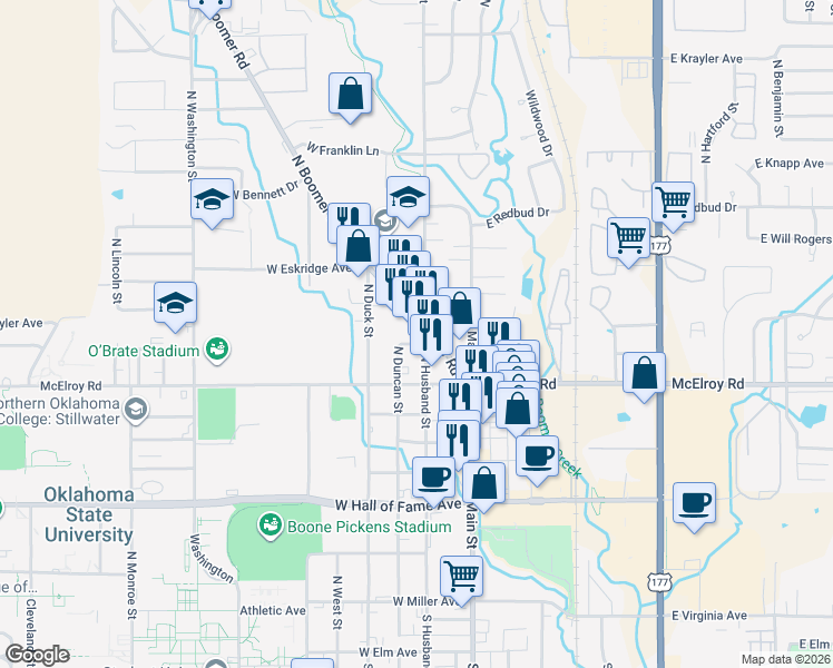 map of restaurants, bars, coffee shops, grocery stores, and more near 1004 N3330 Road in Stillwater