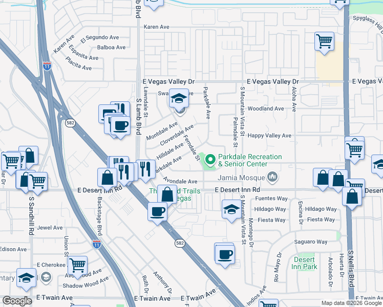 map of restaurants, bars, coffee shops, grocery stores, and more near 4385 Parkdale Avenue in Las Vegas