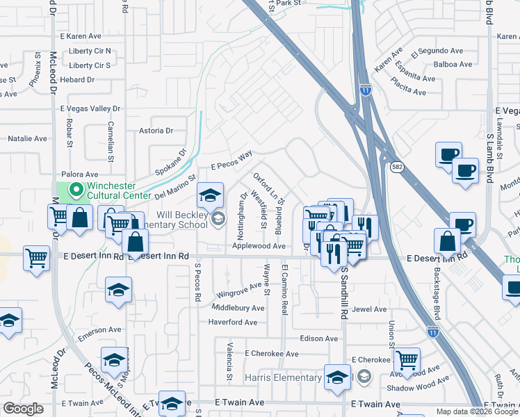 map of restaurants, bars, coffee shops, grocery stores, and more near 3170 Westfield Street in Las Vegas