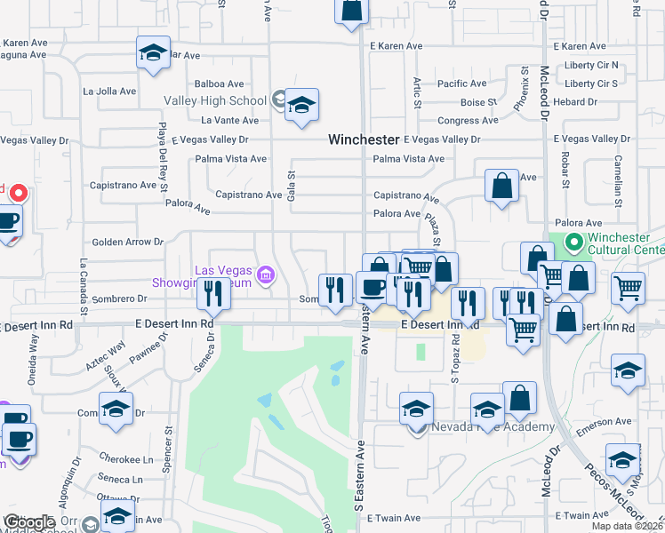 map of restaurants, bars, coffee shops, grocery stores, and more near 3189 Brazos Street in Las Vegas