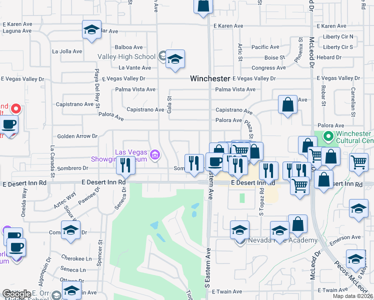 map of restaurants, bars, coffee shops, grocery stores, and more near 3189 Brazos Street in Las Vegas
