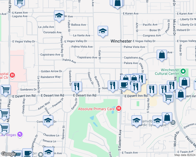 map of restaurants, bars, coffee shops, grocery stores, and more near 3175 Camel Back Drive in Las Vegas