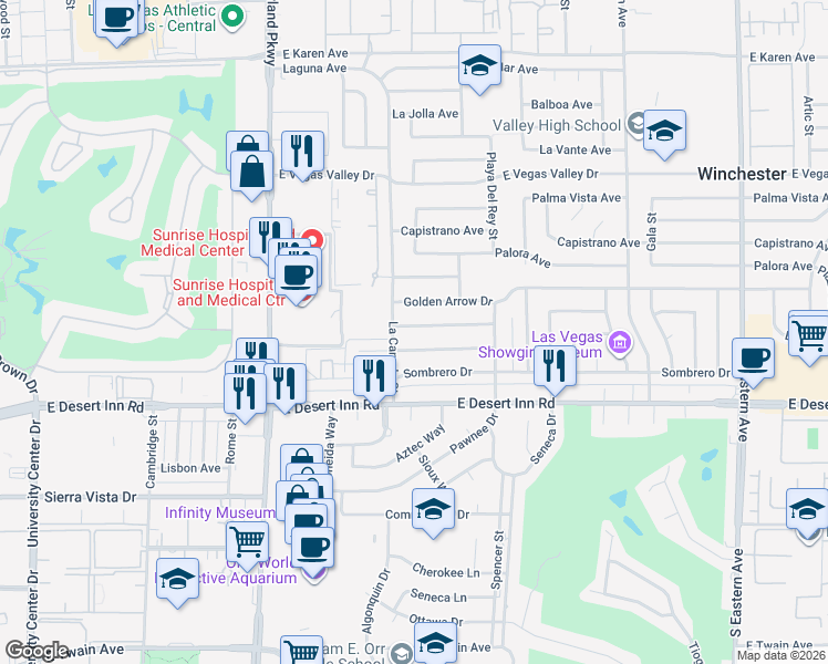 map of restaurants, bars, coffee shops, grocery stores, and more near 1571 Raindance Way in Las Vegas
