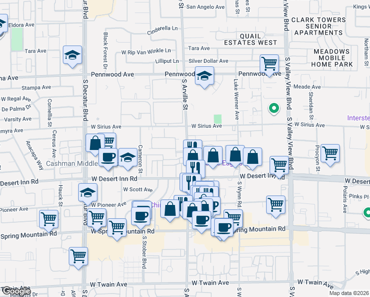 map of restaurants, bars, coffee shops, grocery stores, and more near 4436 Del Oro Drive in Las Vegas