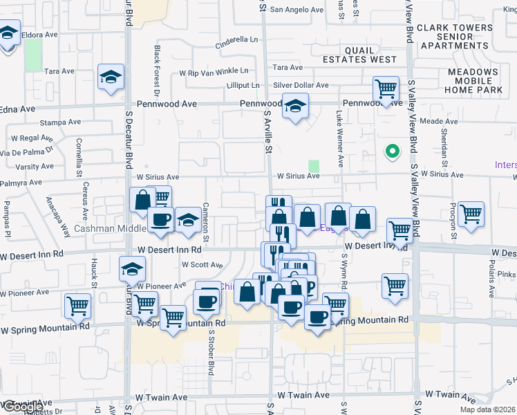 map of restaurants, bars, coffee shops, grocery stores, and more near 4436 Del Oro Drive in Las Vegas