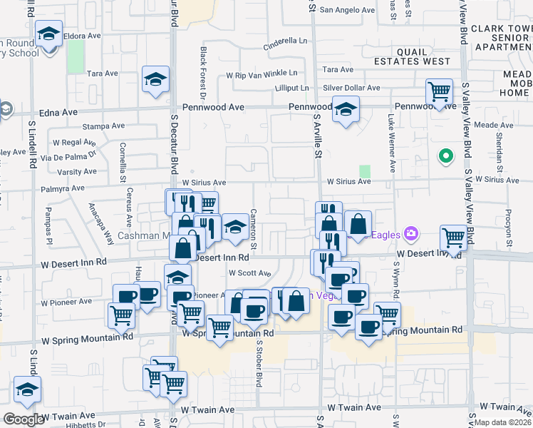 map of restaurants, bars, coffee shops, grocery stores, and more near 3186 Cameron Street in Las Vegas