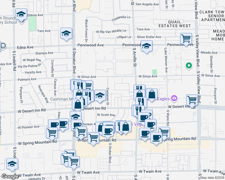 map of restaurants, bars, coffee shops, grocery stores, and more near 3186 Cameron Street in Las Vegas
