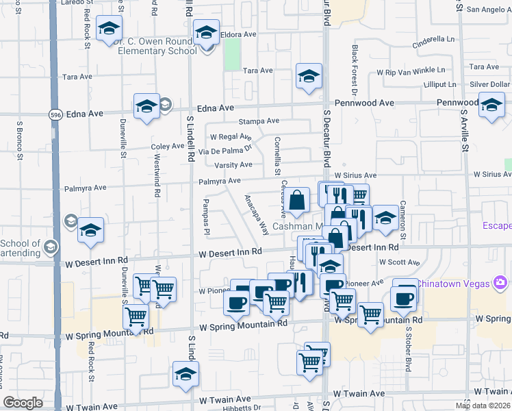 map of restaurants, bars, coffee shops, grocery stores, and more near 5176 Cereus Court in Las Vegas